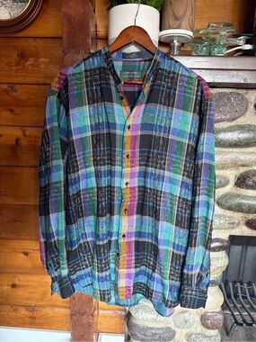 Vintage 90s Colours by Alexander Julian Linen Plaid Shirt Made in Canada